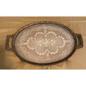 Antique Vanity Footed Dresser Tray Handmade Lace Between Glass Oval Ornate